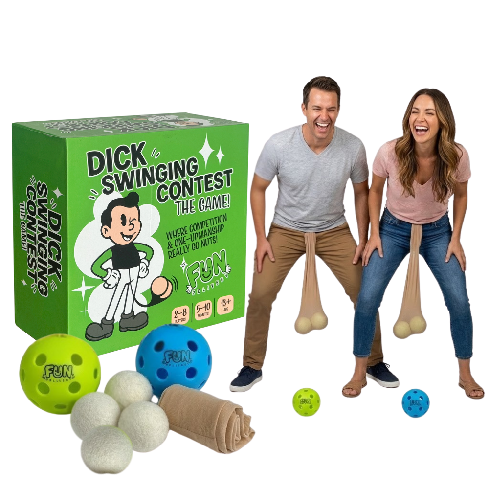 2 adults playing funny swing the pantyhose and whack the ball game