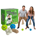 2 adults playing funny swing the pantyhose and whack the ball game
