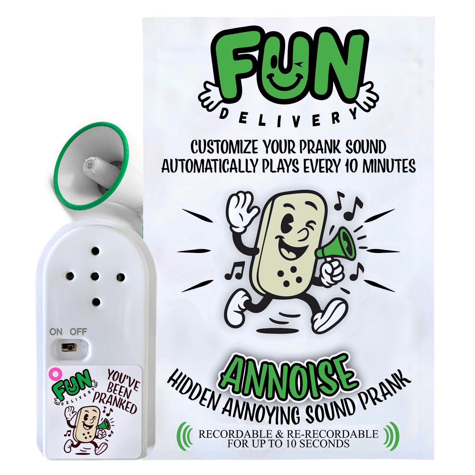 Annoise recordable hidden sound prank device graphic