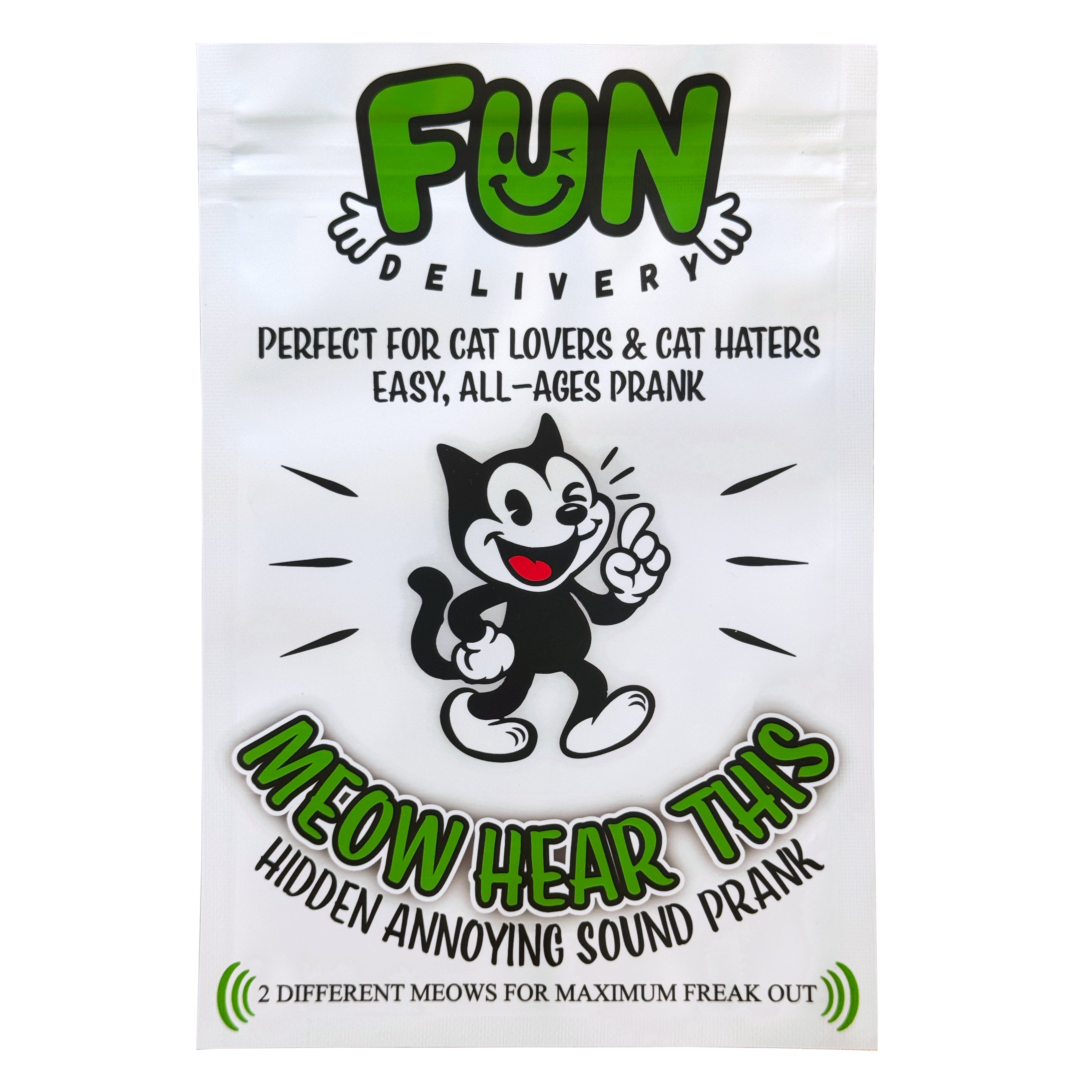 Meow Hear This hidden meowing prank retail packaging