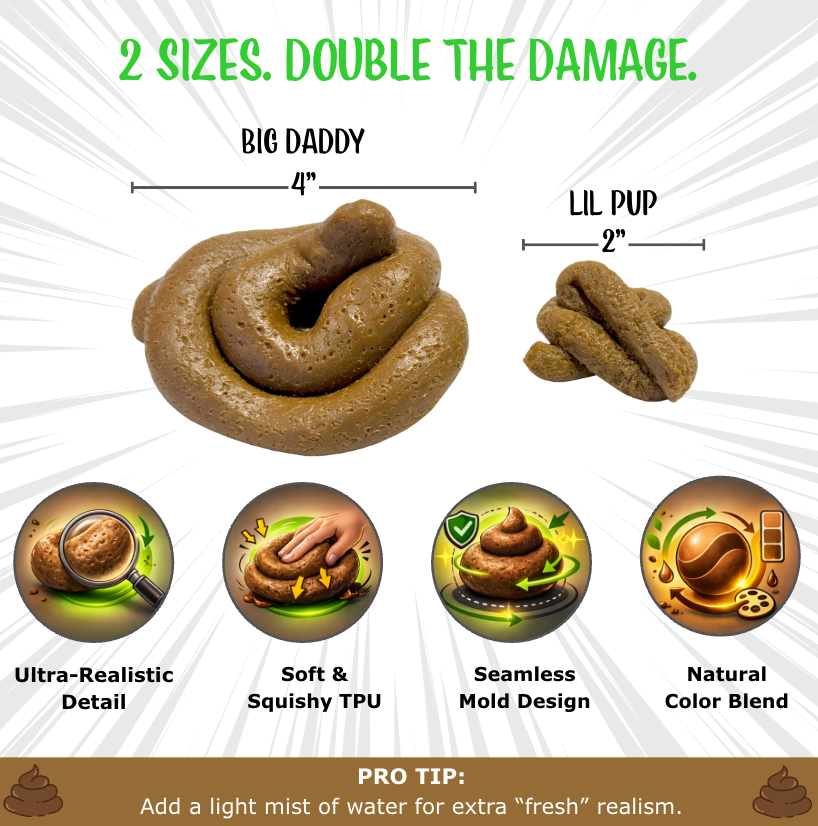 Product comparison chart for 'Big Daddy' and 'Lil Pup' fake poo sizes with features listed.