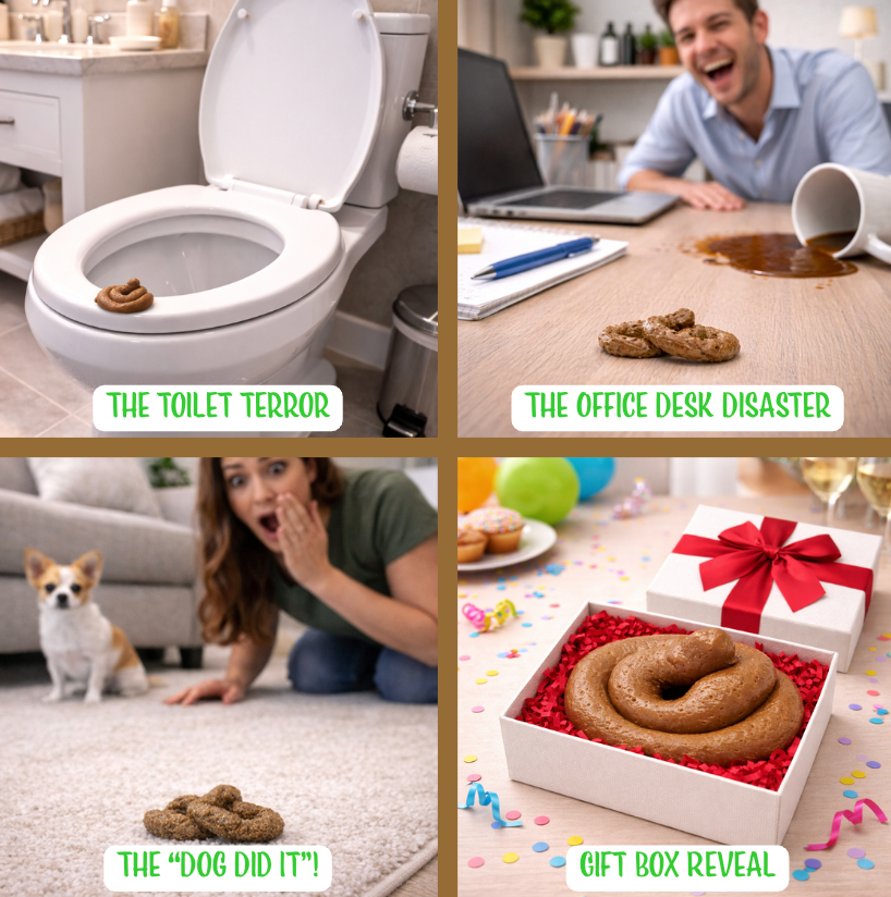 Collage of four scenarios involving dog-related mishaps: toilet, office desk, dog's mess, and gift box reveal.