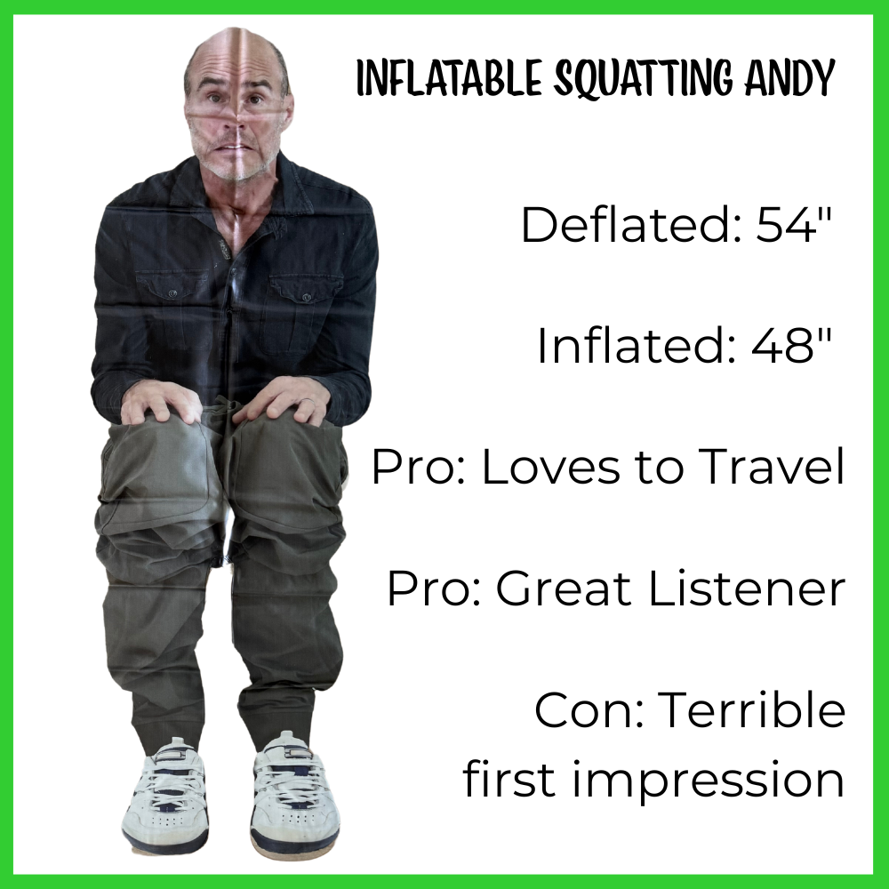 Inflatable Squatting Andy product features graphic panel