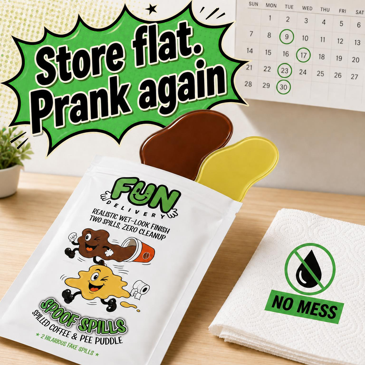 Spoof Spills realistic fake coffee and pee puddle prank set