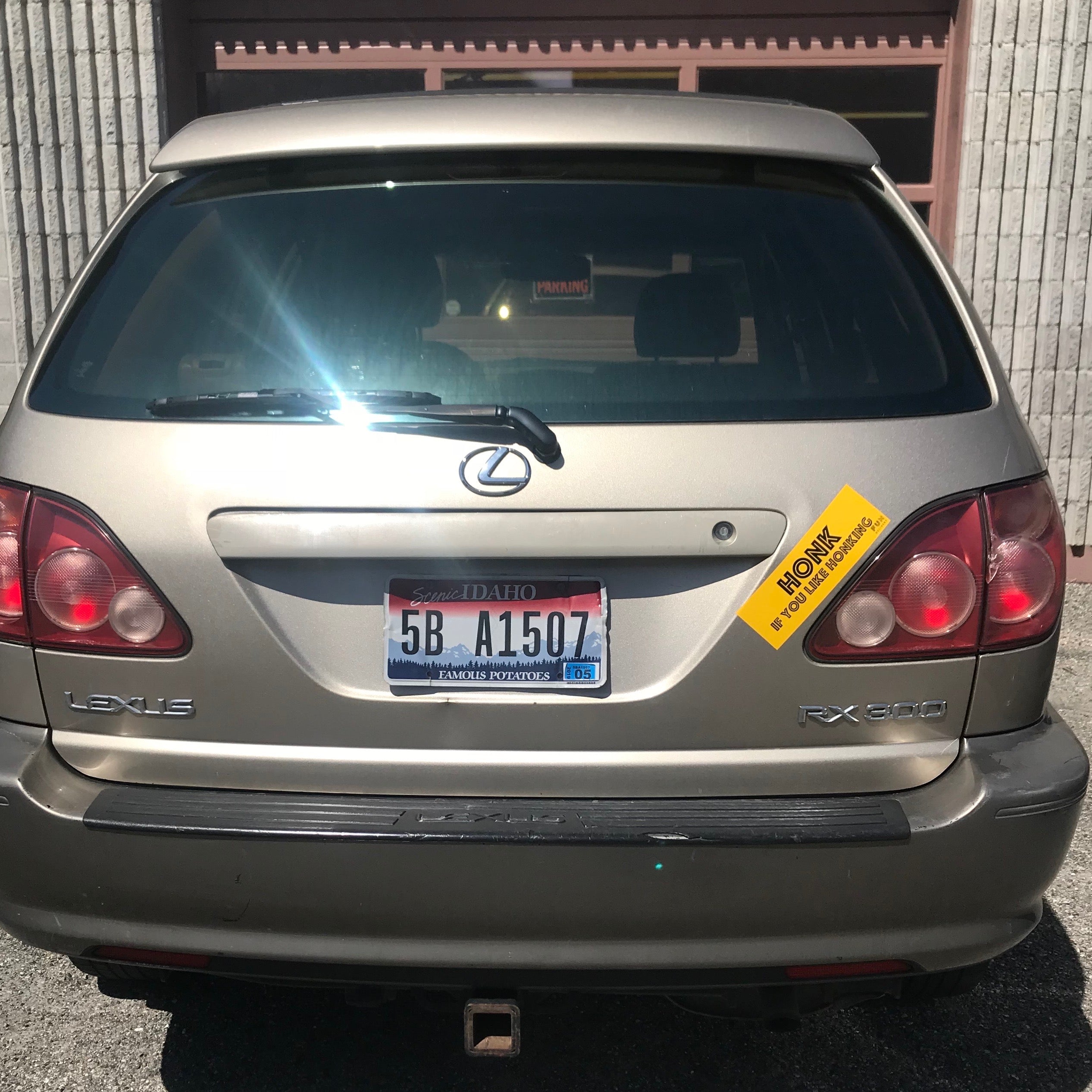 Removable novelty bumper sticker on car rear
