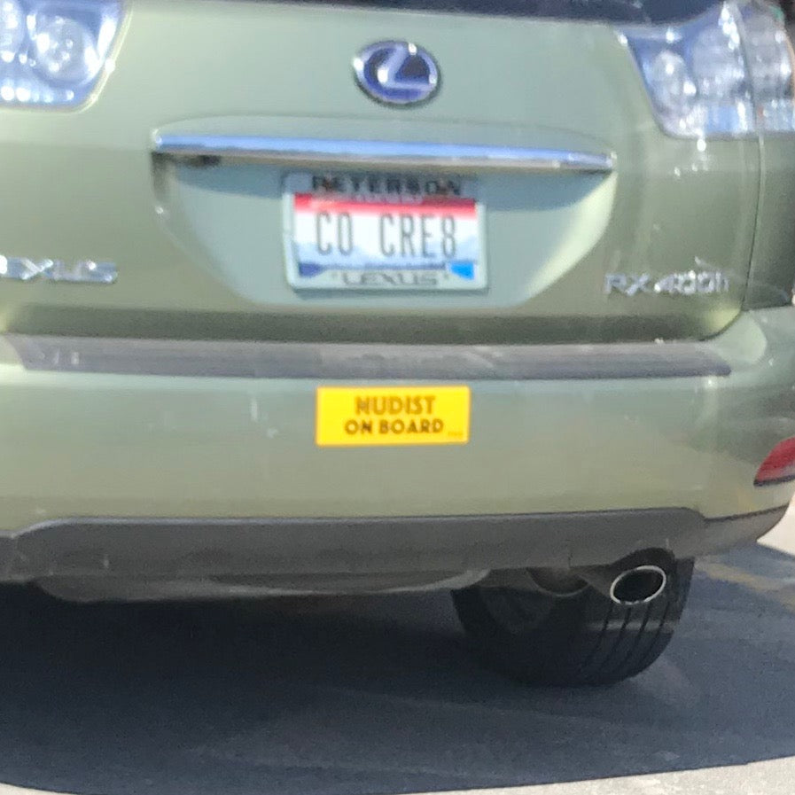 Nudist on board prank bumper sticker