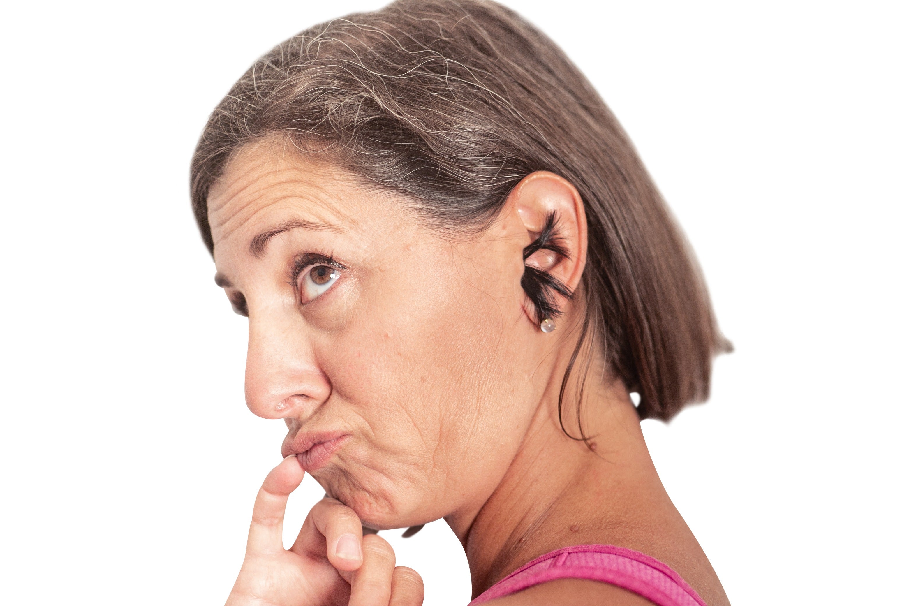 Woman posing while wearing fake ear hair